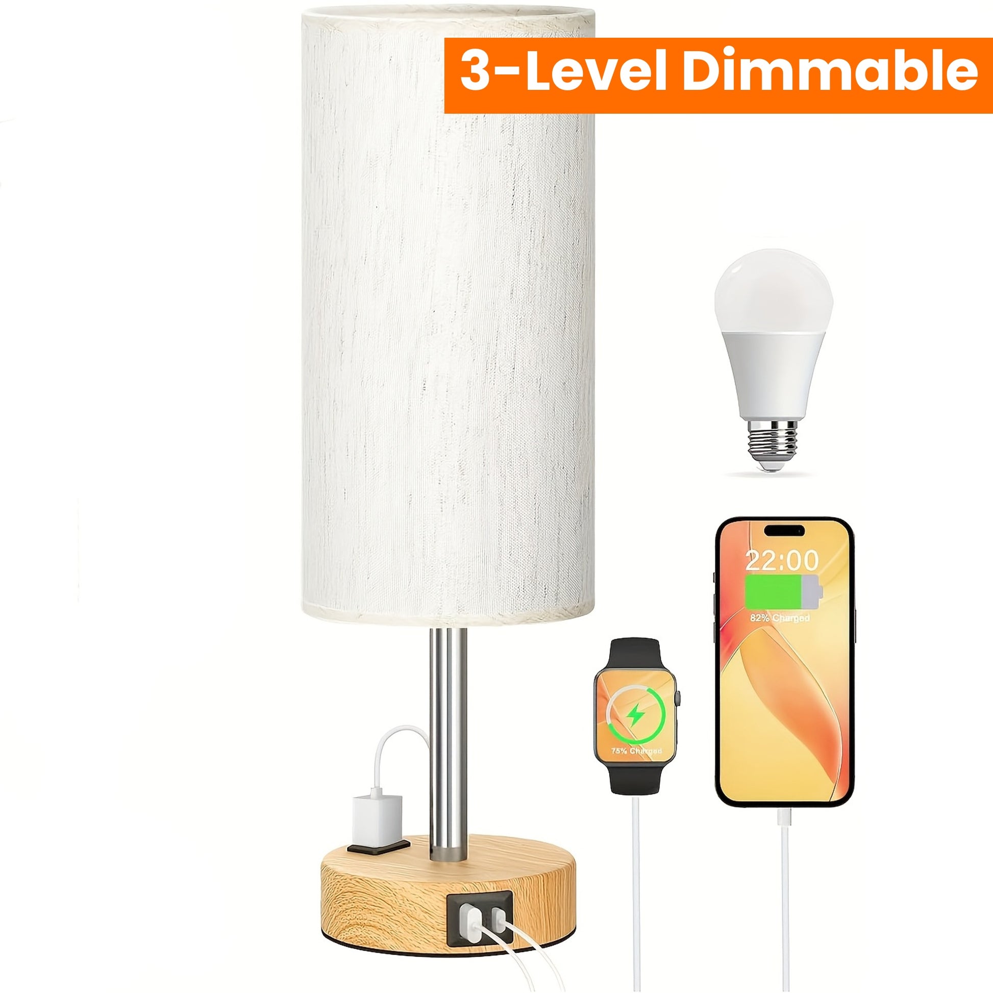 1\u002F2pc Modern Touch-Controlled Bedside Lamp Set - 3-Level Dimmable, USB Ports & AC Outlet, Wood Base with Flaxen Shade for Nightstand, Desk, Office, Dorm (LED Bulb Included), Table Lamps, Small Lamps, Bedroom