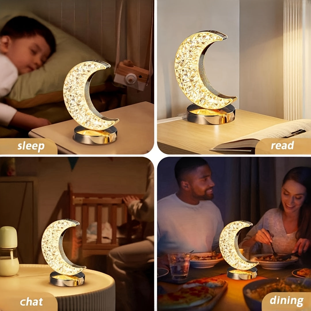Moon-Shaped LED Desk Lamp - Adjustable Brightness, Golden Acrylic Design with Diamond Pattern, Perfect for Home Decor on Nightstands, Bedrooms, and Living Room, Night Light|Decorative Table Lamp|Adjustable Brightness Lamp