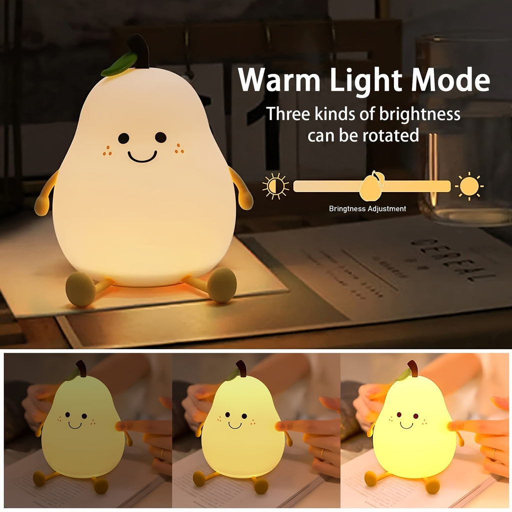 Cute Smiling Pear-Shaped LED Night Light - Touch Control, USB Rechargeable, Adjustable Brightness Silicone Bedside Lamp with Warm Glow, Perfect for Cozy Bedroom Atmosphere, Bedroom Night Light