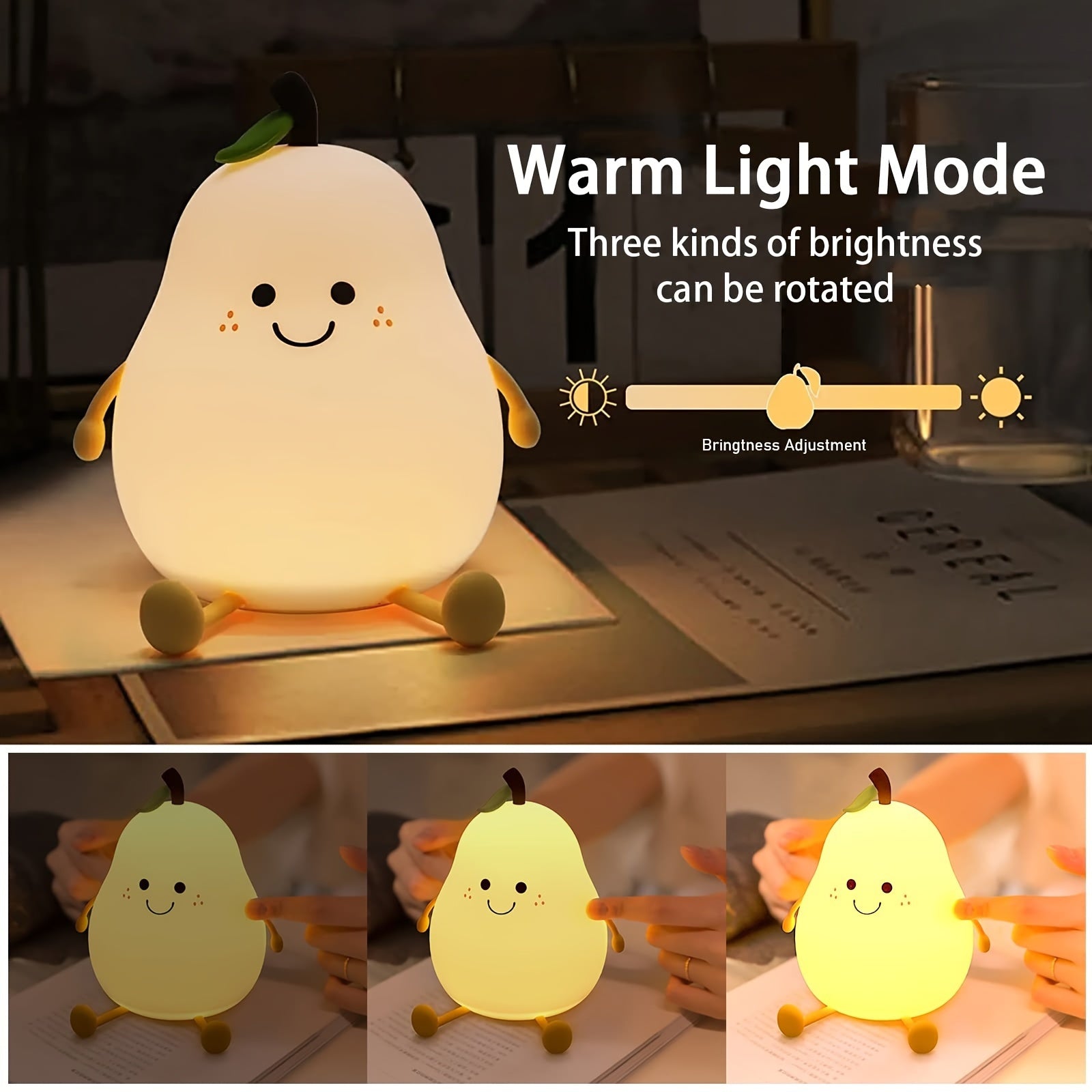 Cute Smiling Pear-Shaped LED Night Light - Touch Control, USB Rechargeable, Adjustable Brightness Silicone Bedside Lamp with Warm Glow, Perfect for Cozy Bedroom Atmosphere, Bedroom Night Light