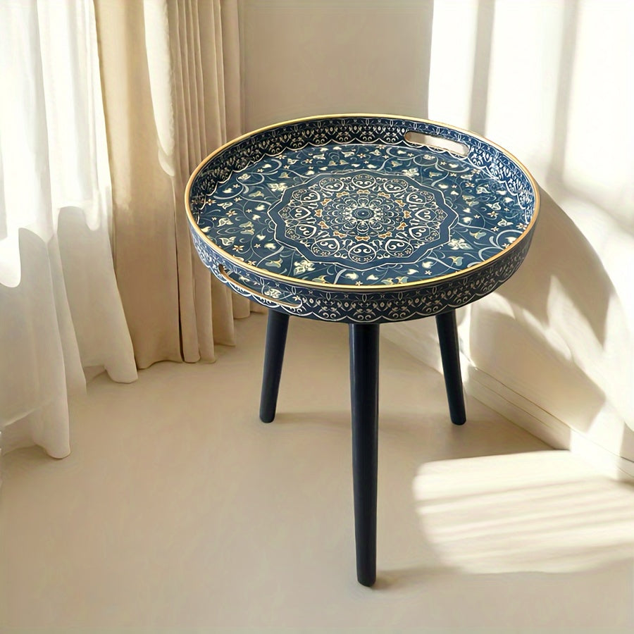 Table Basse Ronde Mandala Bleue Vintage avec Pieds en Bois Détachables – Table Basse Portable de 17.7 Pouces pour Intérieur & Extérieur, Design de Plateau Élégant pour Détente, Heure du Thé ou Accents Décoratifs, Table Basse pour Salon