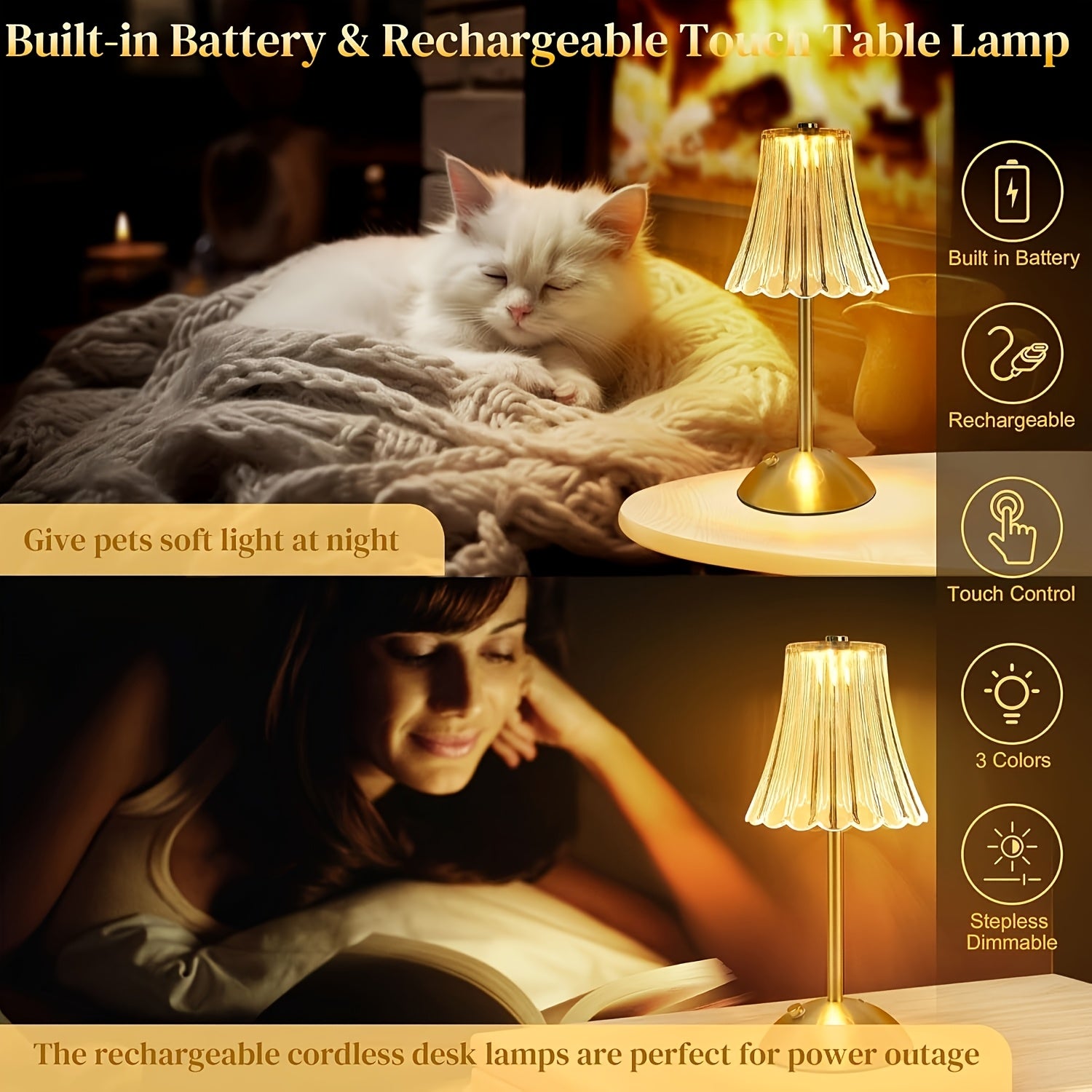 Modern retro LED crystal table lamp, art deco style crystal atmosphere lamp, touch-adjustable light effect, promote romantic and comfortable atmosphere, suitable for various room types