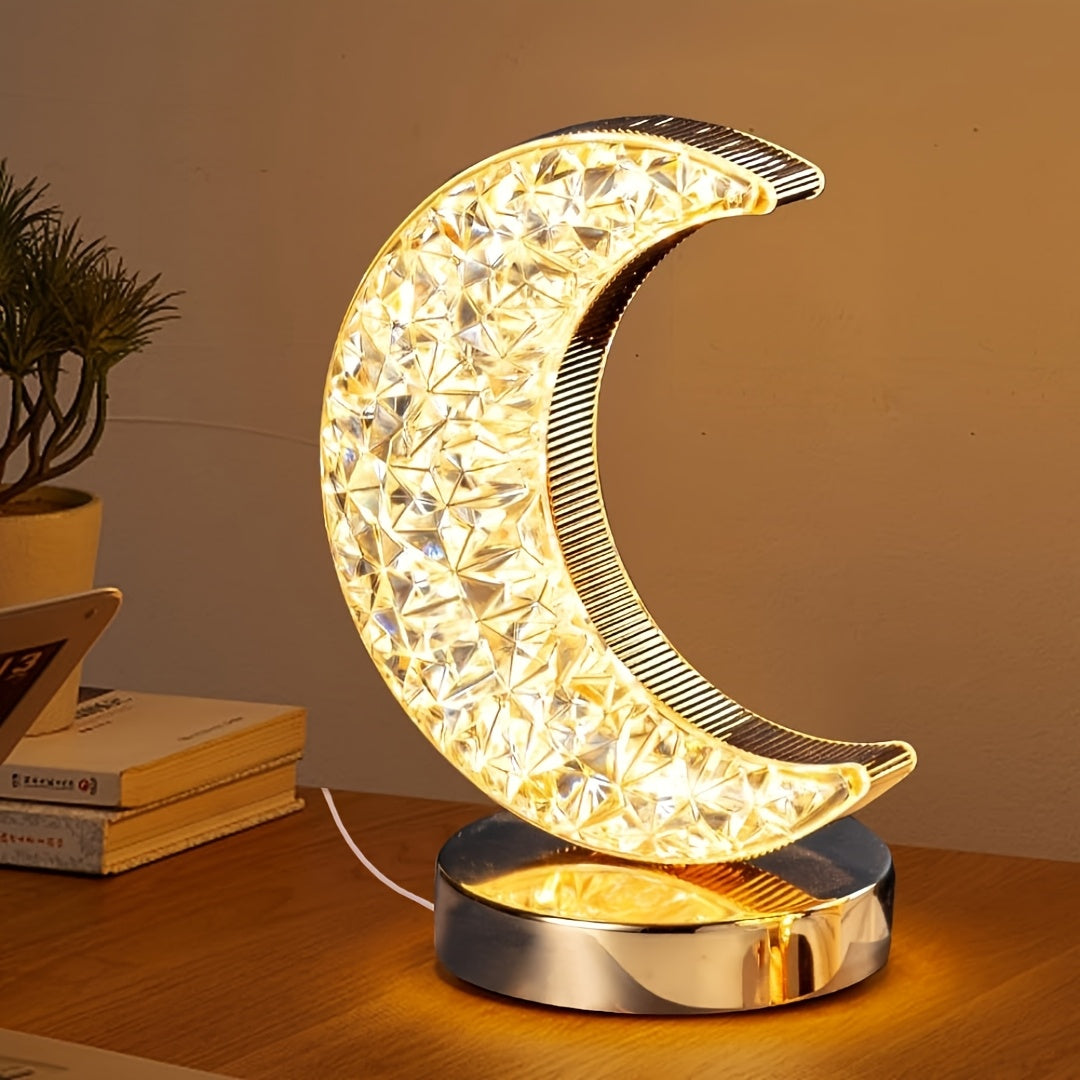 Moon-Shaped LED Desk Lamp - Adjustable Brightness, Golden Acrylic Design with Diamond Pattern, Perfect for Home Decor on Nightstands, Bedrooms, and Living Room, Night Light|Decorative Table Lamp|Adjustable Brightness Lamp