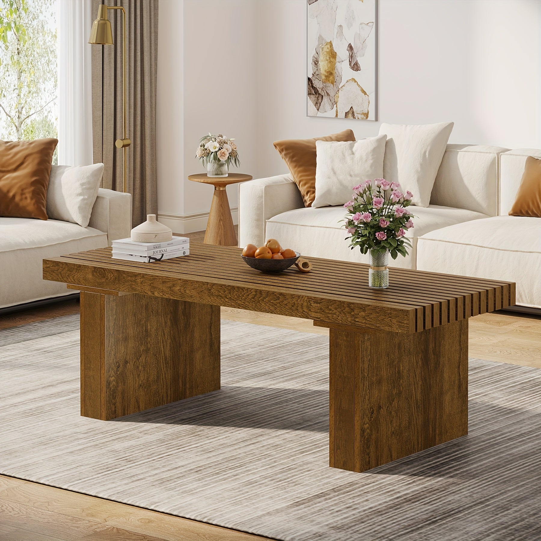 Table à café rectangulaire : Table à café moderne en bois de 47.24 pouces Table à cocktail pour salon, Table à café de ferme Table au centre Table à thé avec dessus de table en planches, Brun rustique