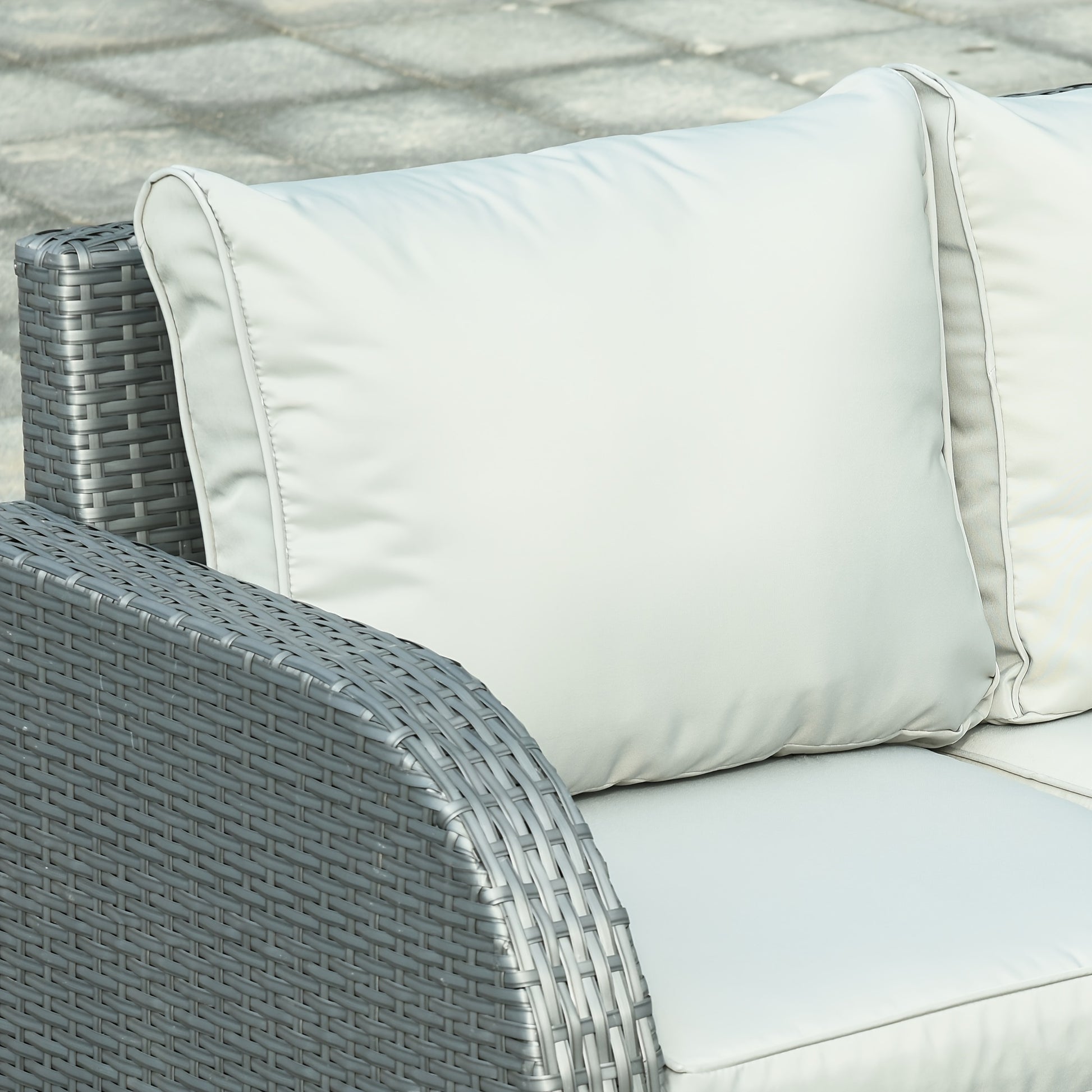 Ensemble de 6 pièces de Mobilier de Patio, Canapé Extérieur en Osier, Fauteuil Inclinable à Angle Ajustable, Ensemble de Conversation, Poufs, avec Table Basse en Polyester, Ressort à Gaz & Coussins Doux Lavables, Gris
