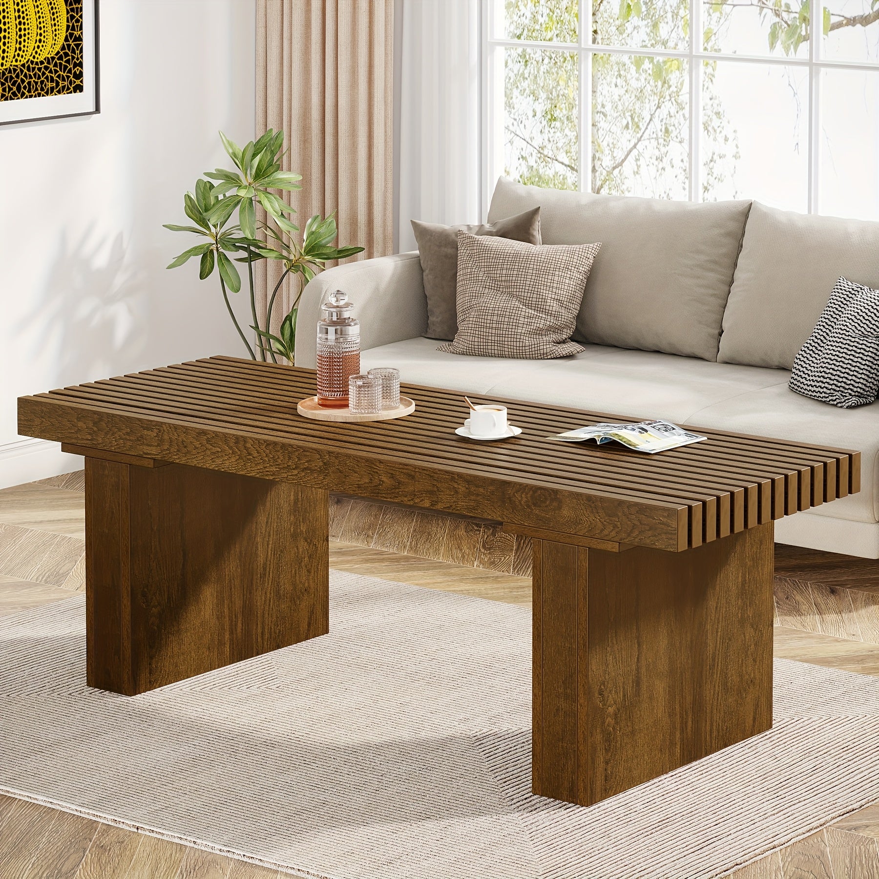 Table à café rectangulaire : Table à café moderne en bois de 47.24 pouces Table à cocktail pour salon, Table à café de ferme Table au centre Table à thé avec dessus de table en planches, Brun rustique