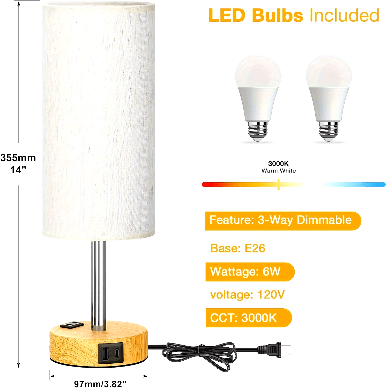 1\u002F2pc Modern Touch-Controlled Bedside Lamp Set - 3-Level Dimmable, USB Ports & AC Outlet, Wood Base with Flaxen Shade for Nightstand, Desk, Office, Dorm (LED Bulb Included), Table Lamps, Small Lamps, Bedroom