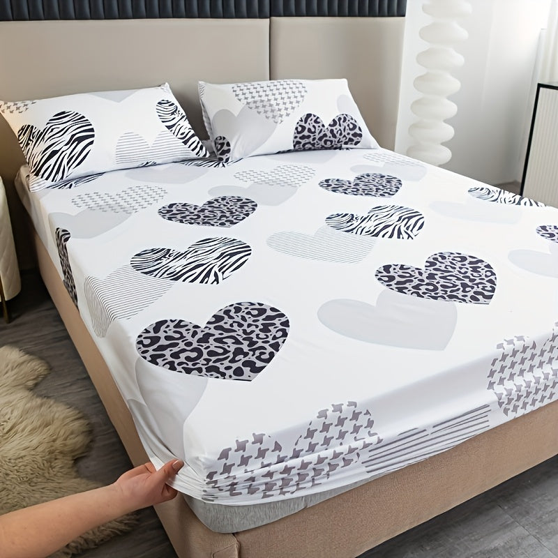 3pcs Love Heart Pattern Bedding Set - Soft, Fitted Sheet & Pillowcases for Bedroom and Guest Room - Machine Washable