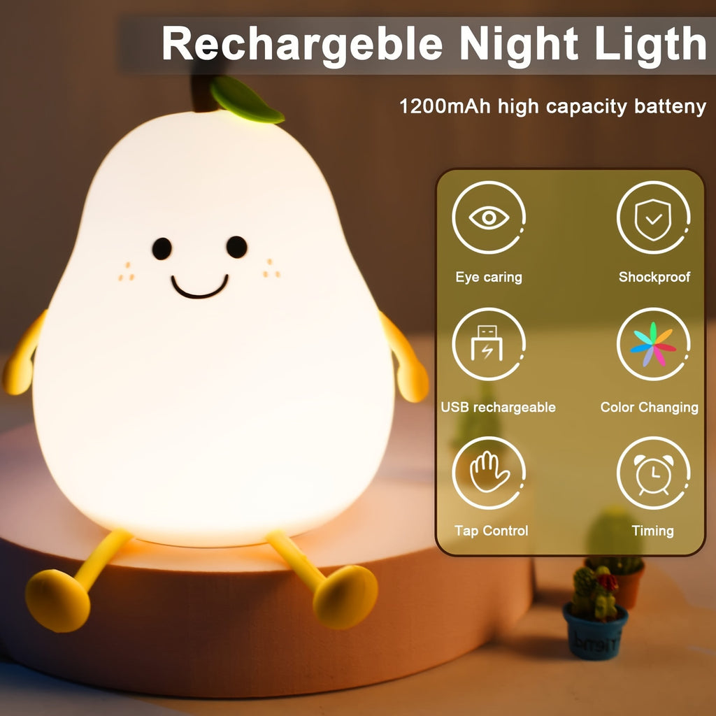 Cute Smiling Pear-Shaped LED Night Light - Touch Control, USB Rechargeable, Adjustable Brightness Silicone Bedside Lamp with Warm Glow, Perfect for Cozy Bedroom Atmosphere, Bedroom Night Light