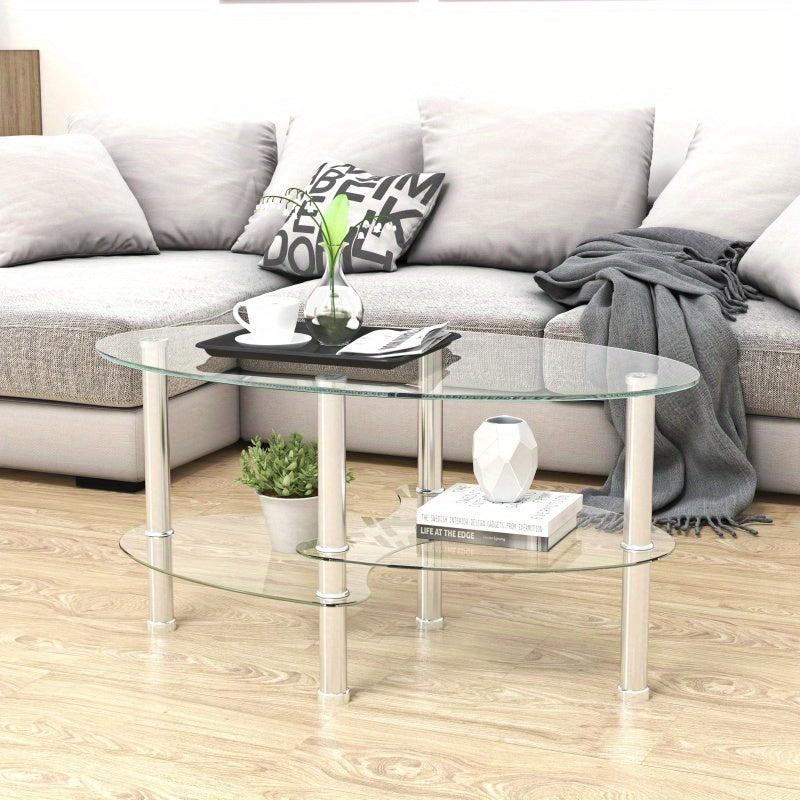 Table basse en verre ovale transparente, table moderne avec pied en acier inoxydable, table à thé, table en verre à 3 couches pour salon, sans batterie