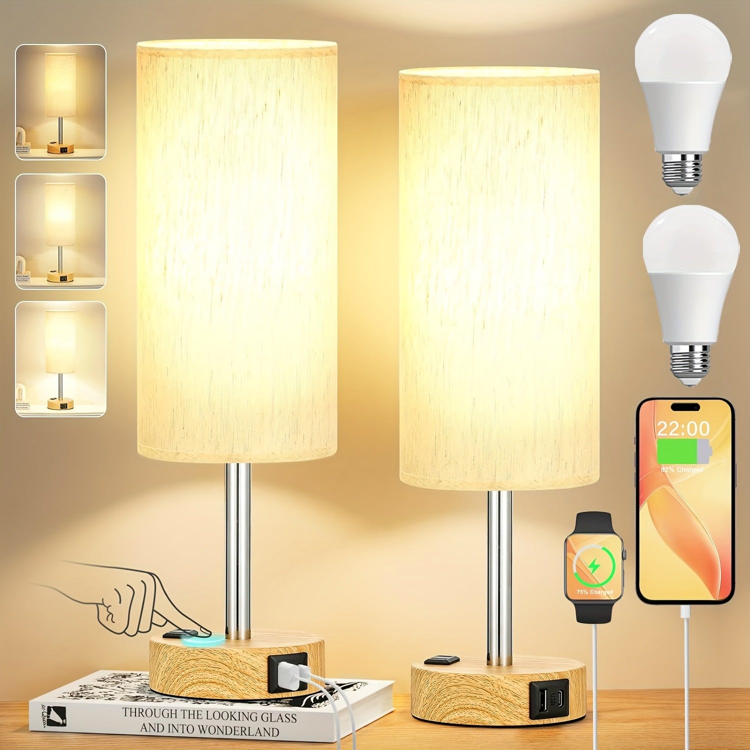 1\u002F2pc Modern Touch-Controlled Bedside Lamp Set - 3-Level Dimmable, USB Ports & AC Outlet, Wood Base with Flaxen Shade for Nightstand, Desk, Office, Dorm (LED Bulb Included), Table Lamps, Small Lamps, Bedroom