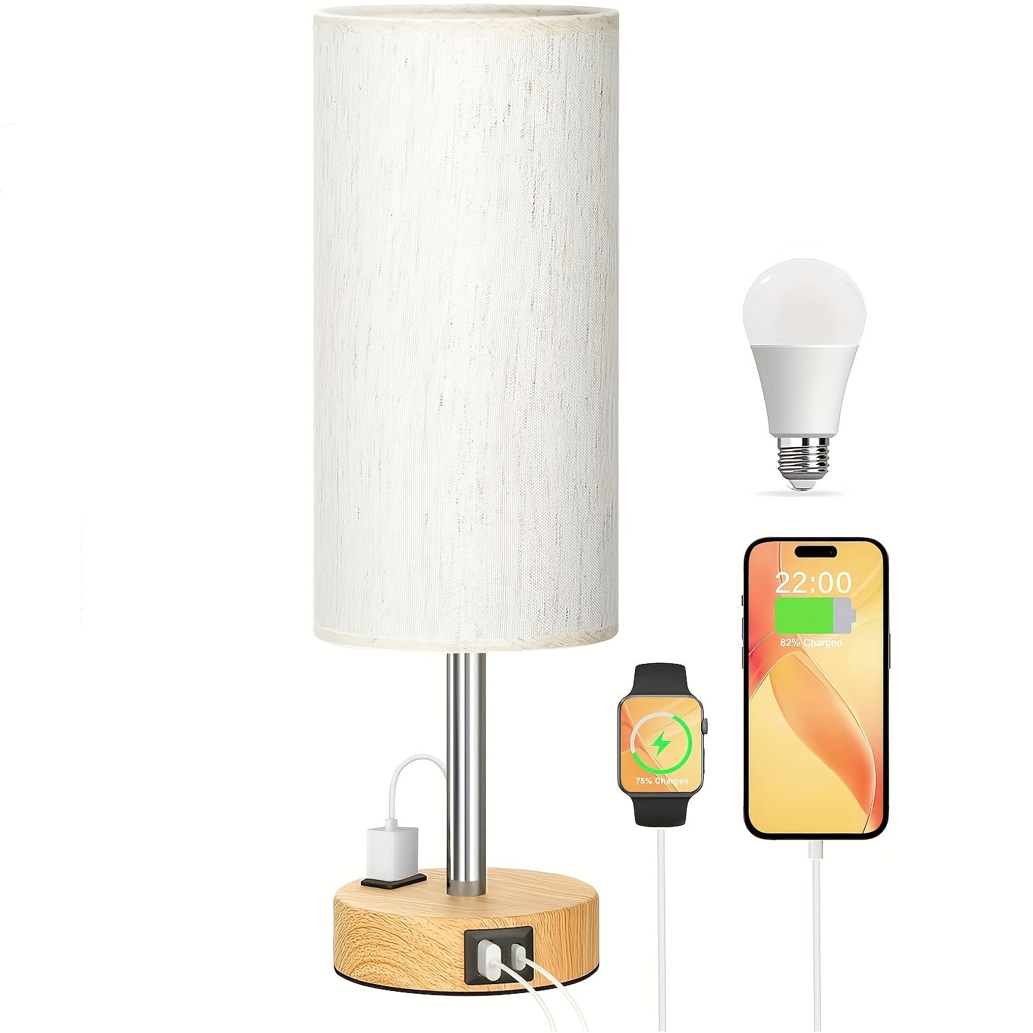1\u002F2pc Modern Touch-Controlled Bedside Lamp Set - 3-Level Dimmable, USB Ports & AC Outlet, Wood Base with Flaxen Shade for Nightstand, Desk, Office, Dorm (LED Bulb Included), Table Lamps, Small Lamps, Bedroom