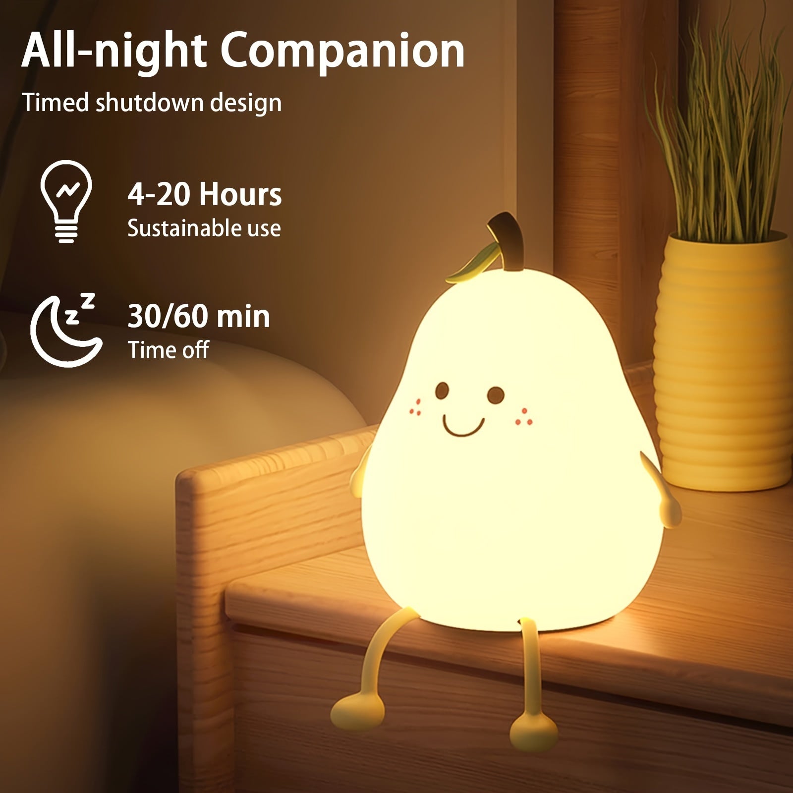 Cute Smiling Pear-Shaped LED Night Light - Touch Control, USB Rechargeable, Adjustable Brightness Silicone Bedside Lamp with Warm Glow, Perfect for Cozy Bedroom Atmosphere, Bedroom Night Light