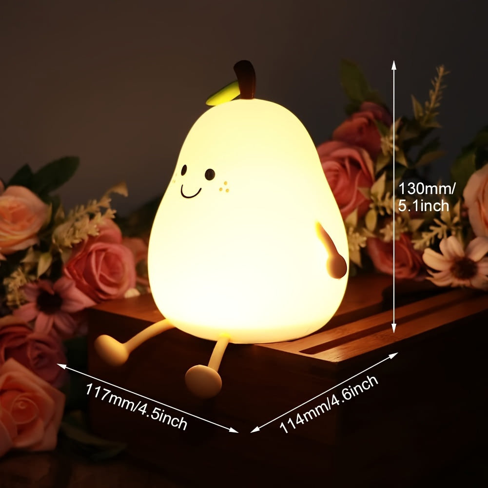 Cute Smiling Pear-Shaped LED Night Light - Touch Control, USB Rechargeable, Adjustable Brightness Silicone Bedside Lamp with Warm Glow, Perfect for Cozy Bedroom Atmosphere, Bedroom Night Light