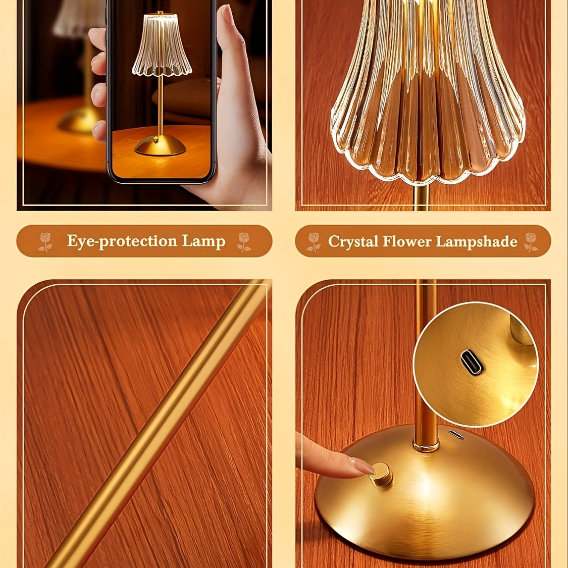 Modern retro LED crystal table lamp, art deco style crystal atmosphere lamp, touch-adjustable light effect, promote romantic and comfortable atmosphere, suitable for various room types