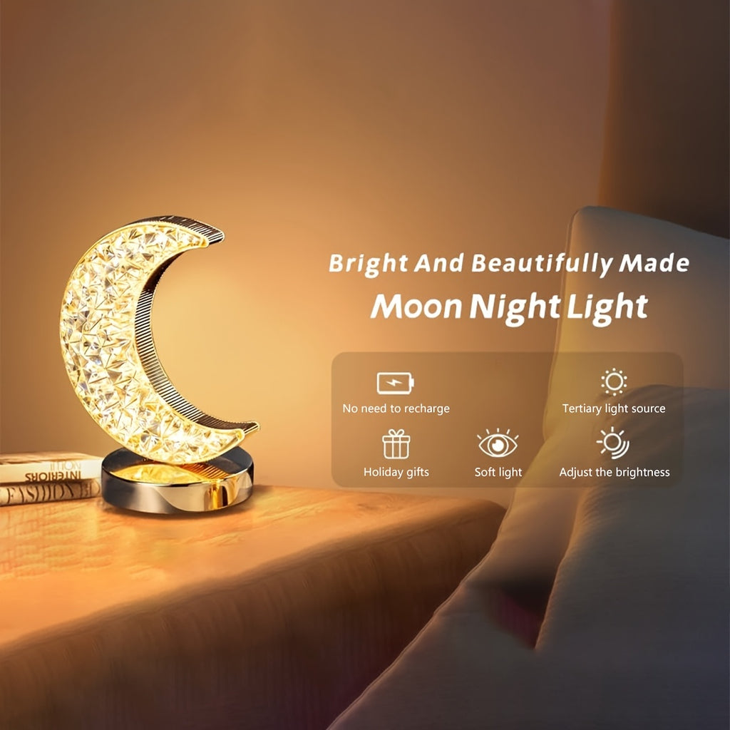 Moon-Shaped LED Desk Lamp - Adjustable Brightness, Golden Acrylic Design with Diamond Pattern, Perfect for Home Decor on Nightstands, Bedrooms, and Living Room, Night Light|Decorative Table Lamp|Adjustable Brightness Lamp