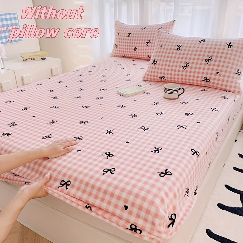 3pcs Cozy Checkered Bedding Set with Bow Prints - Soft Polyester, All-Season Comfort, Deep Pockets, Machine Washable - Ideal for Hotel, Bedroom, Guest Room Decor, Hotel Room Decor|Cozy Checkered Pattern|Soft Polyester Fabric, Hotel Room Decorations