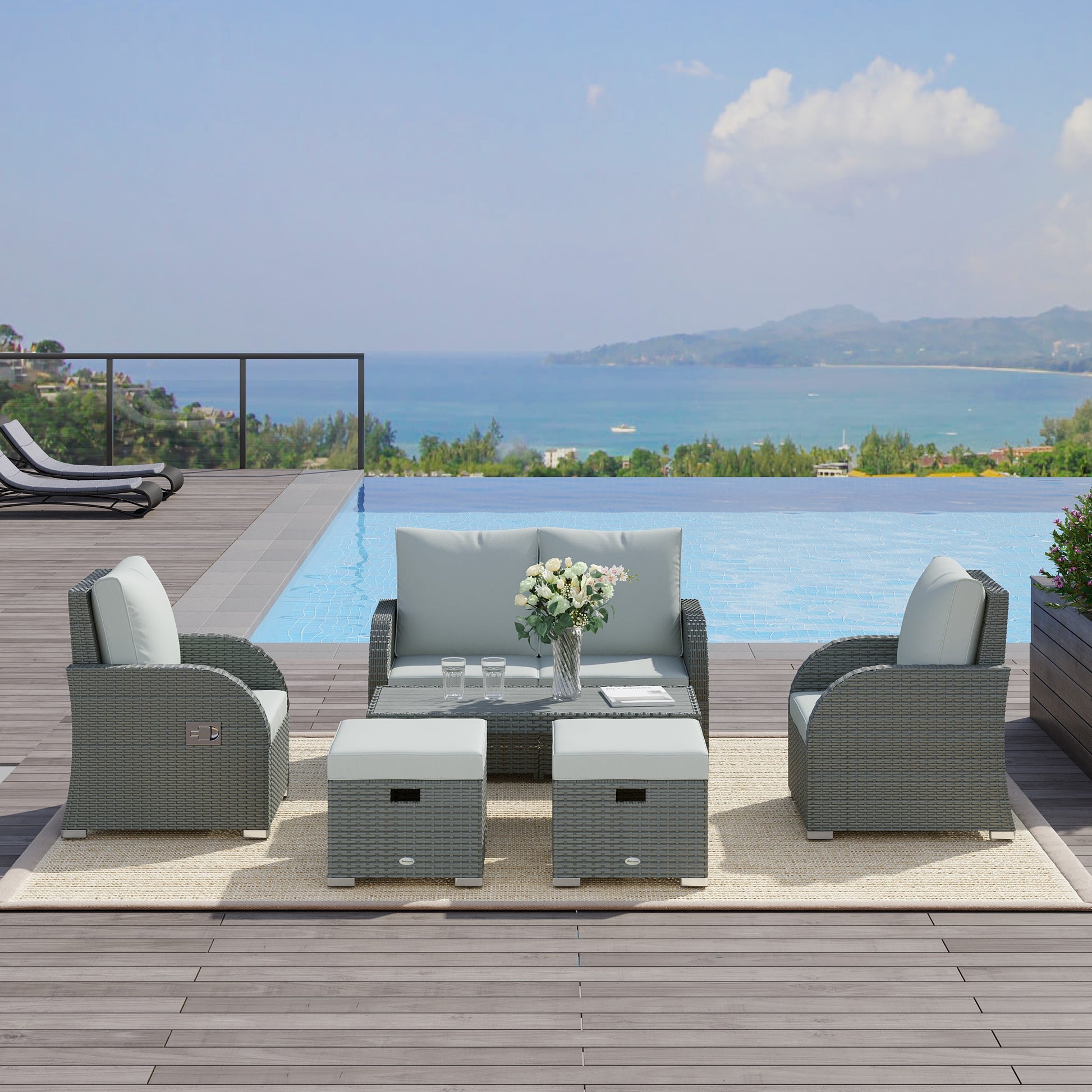 Ensemble de 6 pièces de Mobilier de Patio, Canapé Extérieur en Osier, Fauteuil Inclinable à Angle Ajustable, Ensemble de Conversation, Poufs, avec Table Basse en Polyester, Ressort à Gaz & Coussins Doux Lavables, Gris