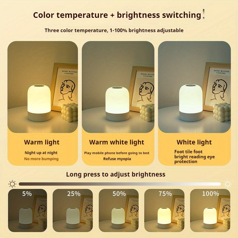 Dimmable Touch Bedside Table Lamp - Portable LED Nightstand Light with Warm White, 3 Colors, Rechargeable Battery for Bedroom, Nursery, Bathroom, Living Room - Modern Matte Finish