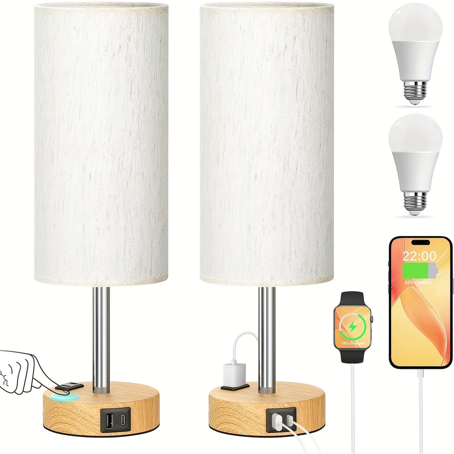 1\u002F2pc Modern Touch-Controlled Bedside Lamp Set - 3-Level Dimmable, USB Ports & AC Outlet, Wood Base with Flaxen Shade for Nightstand, Desk, Office, Dorm (LED Bulb Included), Table Lamps, Small Lamps, Bedroom