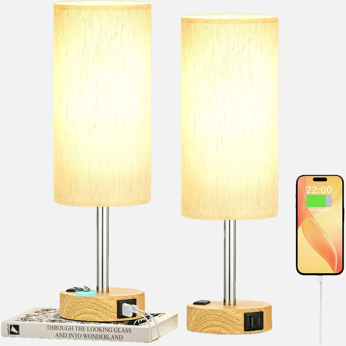 1\u002F2pc Modern Touch-Controlled Bedside Lamp Set - 3-Level Dimmable, USB Ports & AC Outlet, Wood Base with Flaxen Shade for Nightstand, Desk, Office, Dorm (LED Bulb Included), Table Lamps, Small Lamps, Bedroom