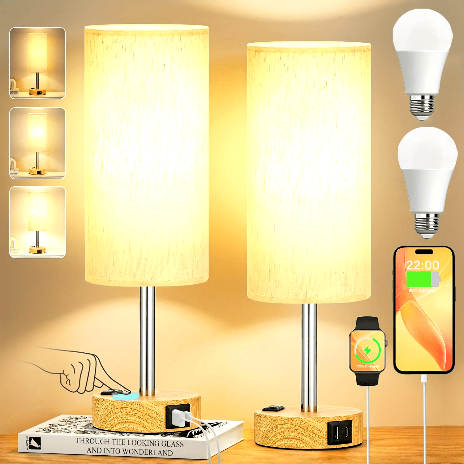 1\u002F2pc Modern Touch-Controlled Bedside Lamp Set - 3-Level Dimmable, USB Ports & AC Outlet, Wood Base with Flaxen Shade for Nightstand, Desk, Office, Dorm (LED Bulb Included), Table Lamps, Small Lamps, Bedroom