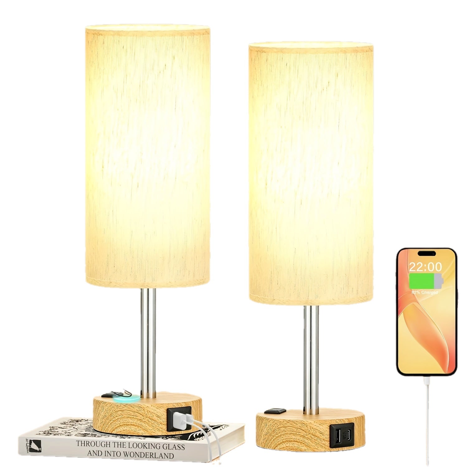 1\u002F2pc Modern Touch-Controlled Bedside Lamp Set - 3-Level Dimmable, USB Ports & AC Outlet, Wood Base with Flaxen Shade for Nightstand, Desk, Office, Dorm (LED Bulb Included), Table Lamps, Small Lamps, Bedroom