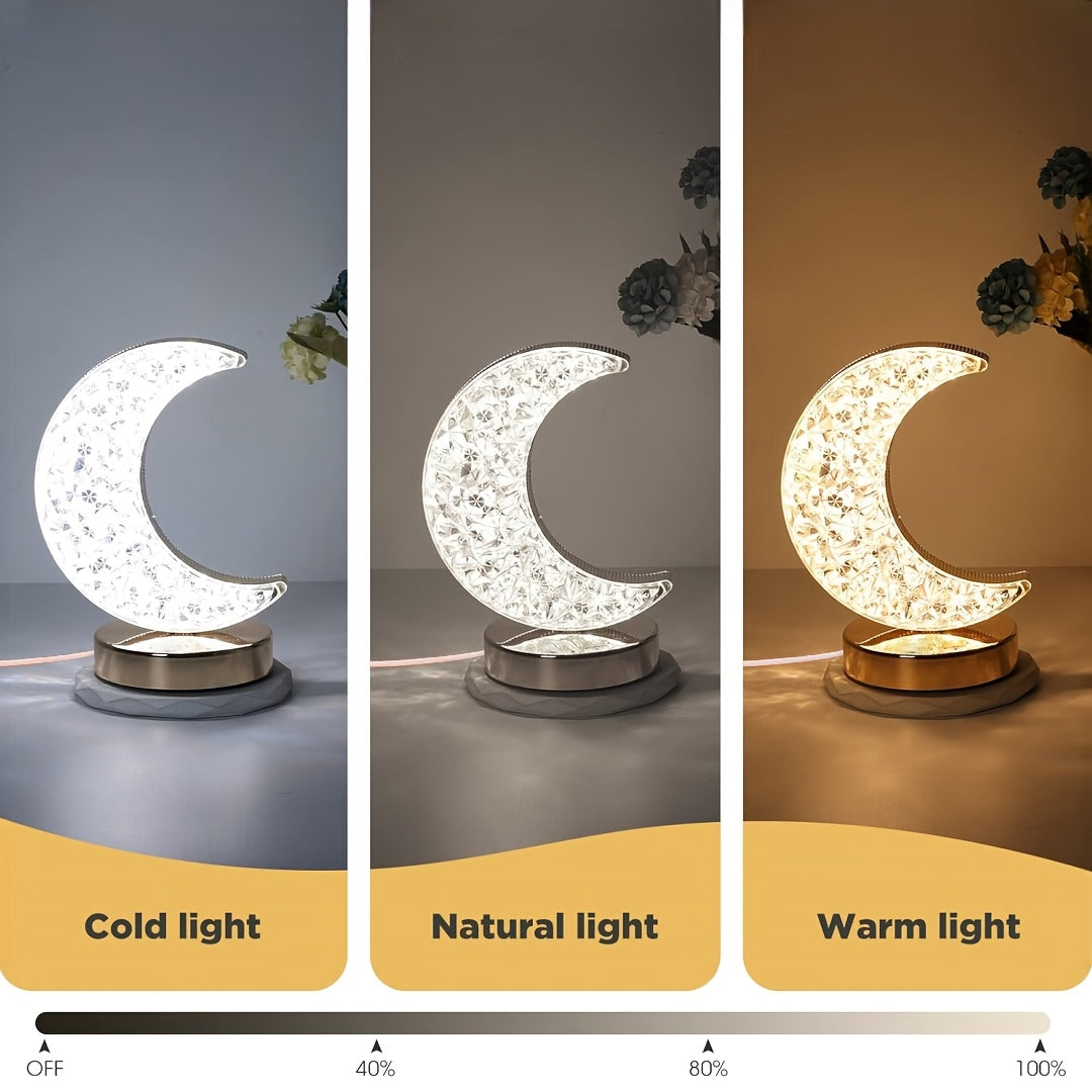 Moon-Shaped LED Desk Lamp - Adjustable Brightness, Golden Acrylic Design with Diamond Pattern, Perfect for Home Decor on Nightstands, Bedrooms, and Living Room, Night Light|Decorative Table Lamp|Adjustable Brightness Lamp