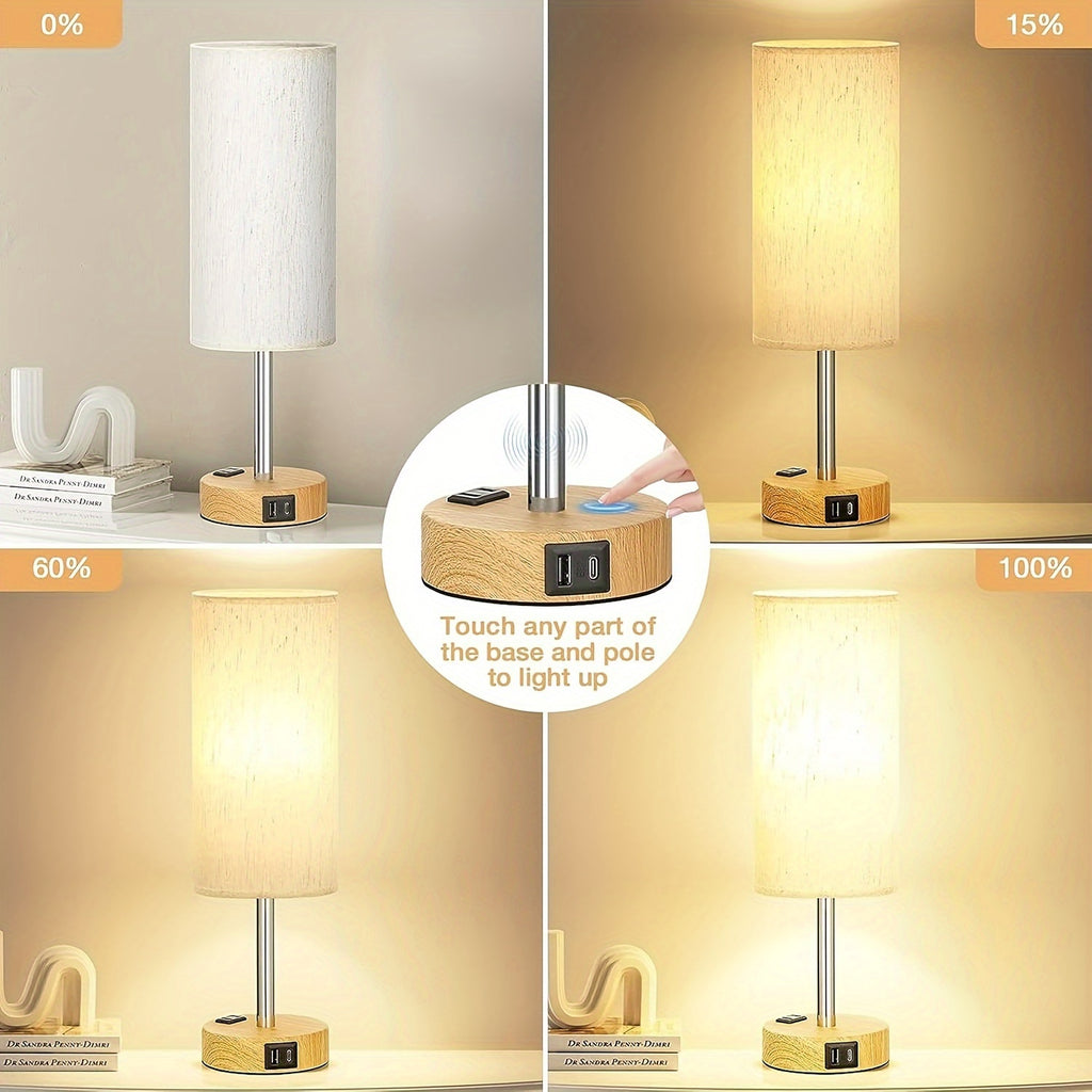 1\u002F2pc Modern Touch-Controlled Bedside Lamp Set - 3-Level Dimmable, USB Ports & AC Outlet, Wood Base with Flaxen Shade for Nightstand, Desk, Office, Dorm (LED Bulb Included), Table Lamps, Small Lamps, Bedroom