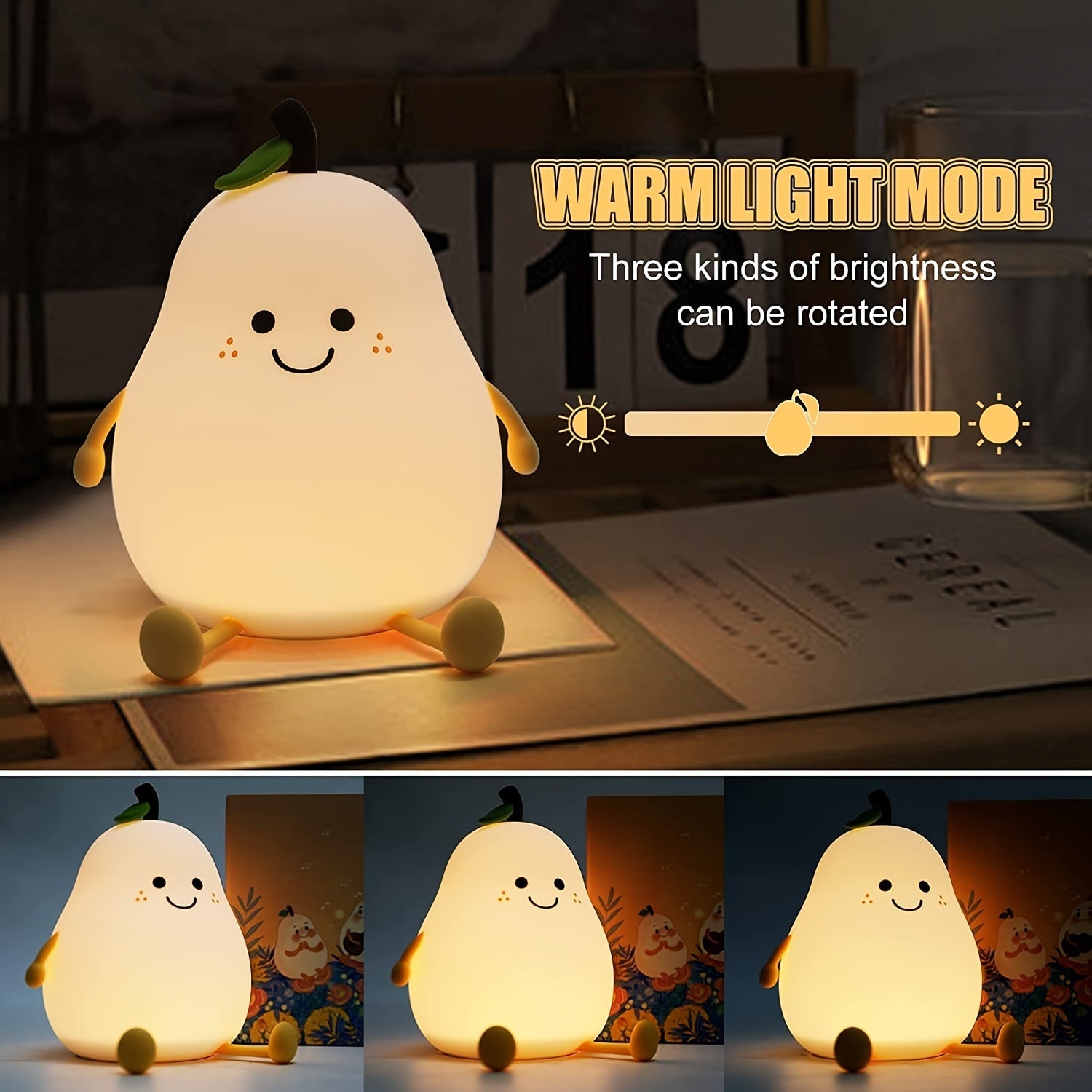 Cute Smiling Pear-Shaped LED Night Light - Touch Control, USB Rechargeable, Adjustable Brightness Silicone Bedside Lamp with Warm Glow, Perfect for Cozy Bedroom Atmosphere, Bedroom Night Light