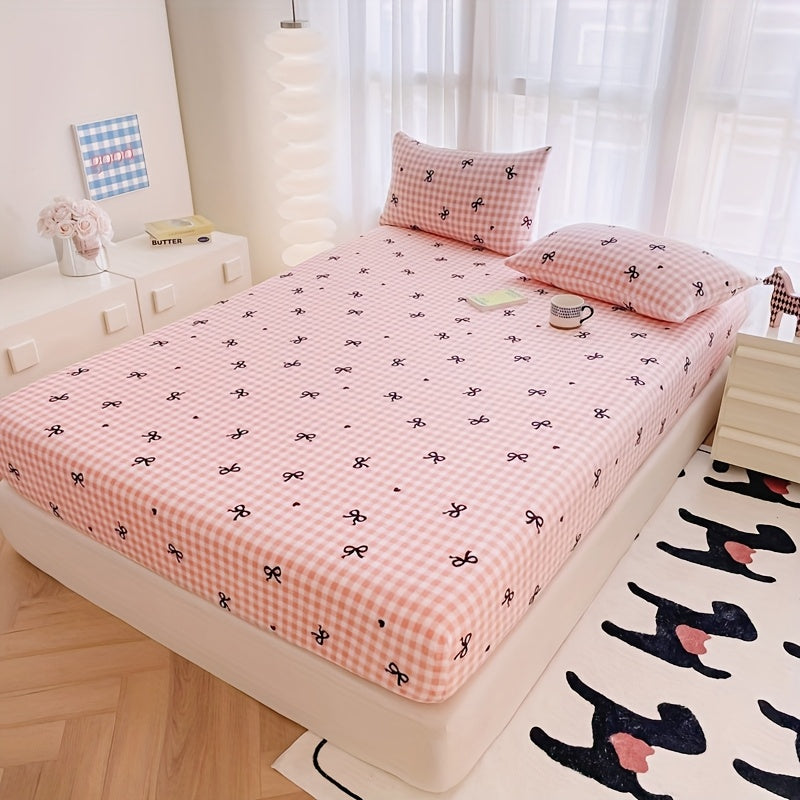 3pcs Cozy Checkered Bedding Set with Bow Prints - Soft Polyester, All-Season Comfort, Deep Pockets, Machine Washable - Ideal for Hotel, Bedroom, Guest Room Decor, Hotel Room Decor|Cozy Checkered Pattern|Soft Polyester Fabric, Hotel Room Decorations