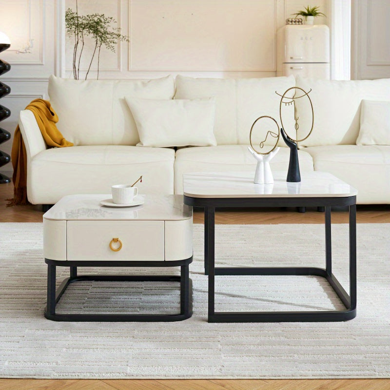 Table Basse en Marbre Moderne Ensemble de 2 Tables d'Accueil pour Salon Tables d'Accueil Empilables pour Salon Chambre à Coucher Table d'Accent pour Thé avec Cadre Métallique Robuste et Montage Facile Noir