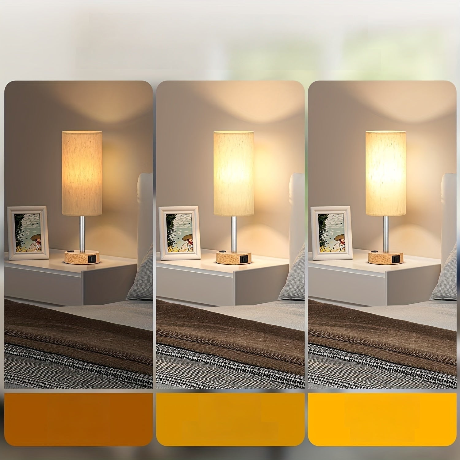 1\u002F2pc Modern Touch-Controlled Bedside Lamp Set - 3-Level Dimmable, USB Ports & AC Outlet, Wood Base with Flaxen Shade for Nightstand, Desk, Office, Dorm (LED Bulb Included), Table Lamps, Small Lamps, Bedroom