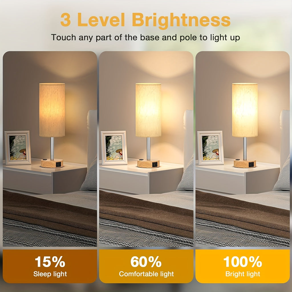 1\u002F2pc Modern Touch-Controlled Bedside Lamp Set - 3-Level Dimmable, USB Ports & AC Outlet, Wood Base with Flaxen Shade for Nightstand, Desk, Office, Dorm (LED Bulb Included), Table Lamps, Small Lamps, Bedroom