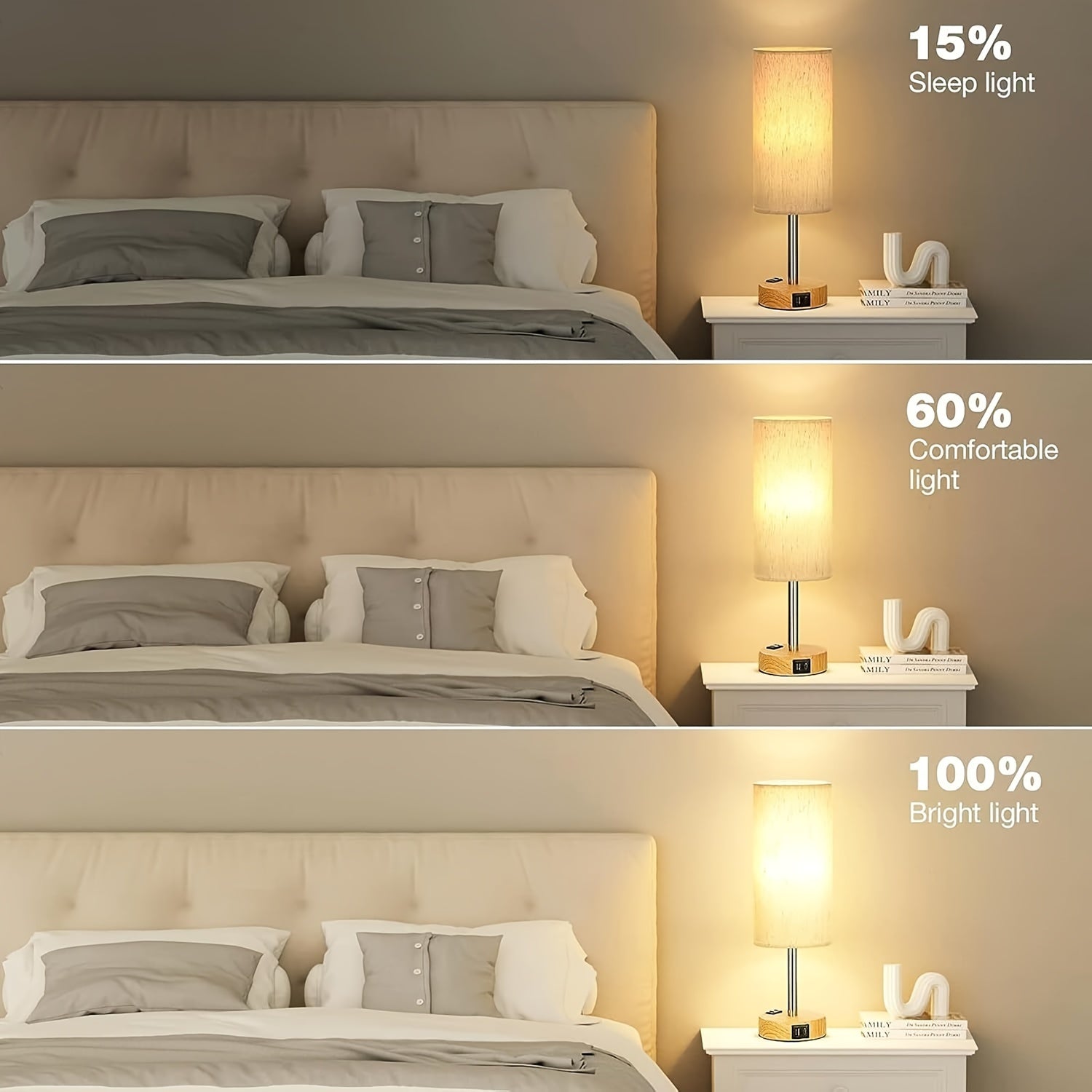 1\u002F2pc Modern Touch-Controlled Bedside Lamp Set - 3-Level Dimmable, USB Ports & AC Outlet, Wood Base with Flaxen Shade for Nightstand, Desk, Office, Dorm (LED Bulb Included), Table Lamps, Small Lamps, Bedroom