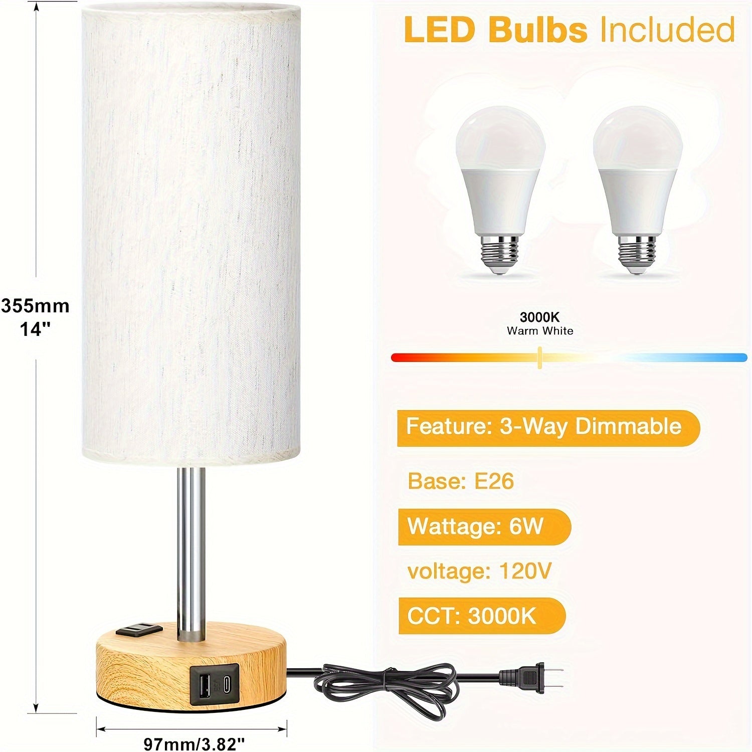 1\u002F2pc Modern Touch-Controlled Bedside Lamp Set - 3-Level Dimmable, USB Ports & AC Outlet, Wood Base with Flaxen Shade for Nightstand, Desk, Office, Dorm (LED Bulb Included), Table Lamps, Small Lamps, Bedroom