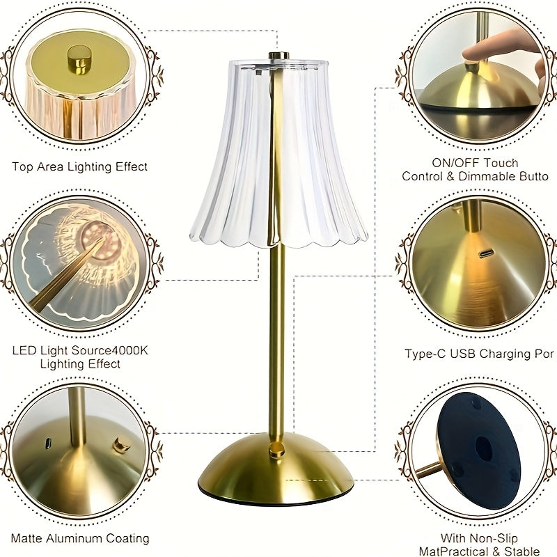 Modern retro LED crystal table lamp, art deco style crystal atmosphere lamp, touch-adjustable light effect, promote romantic and comfortable atmosphere, suitable for various room types