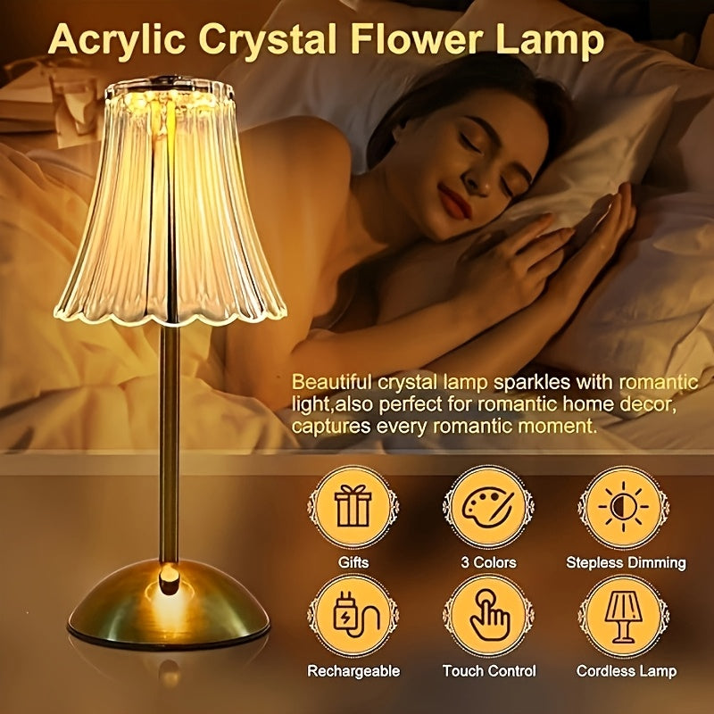 Modern retro LED crystal table lamp, art deco style crystal atmosphere lamp, touch-adjustable light effect, promote romantic and comfortable atmosphere, suitable for various room types