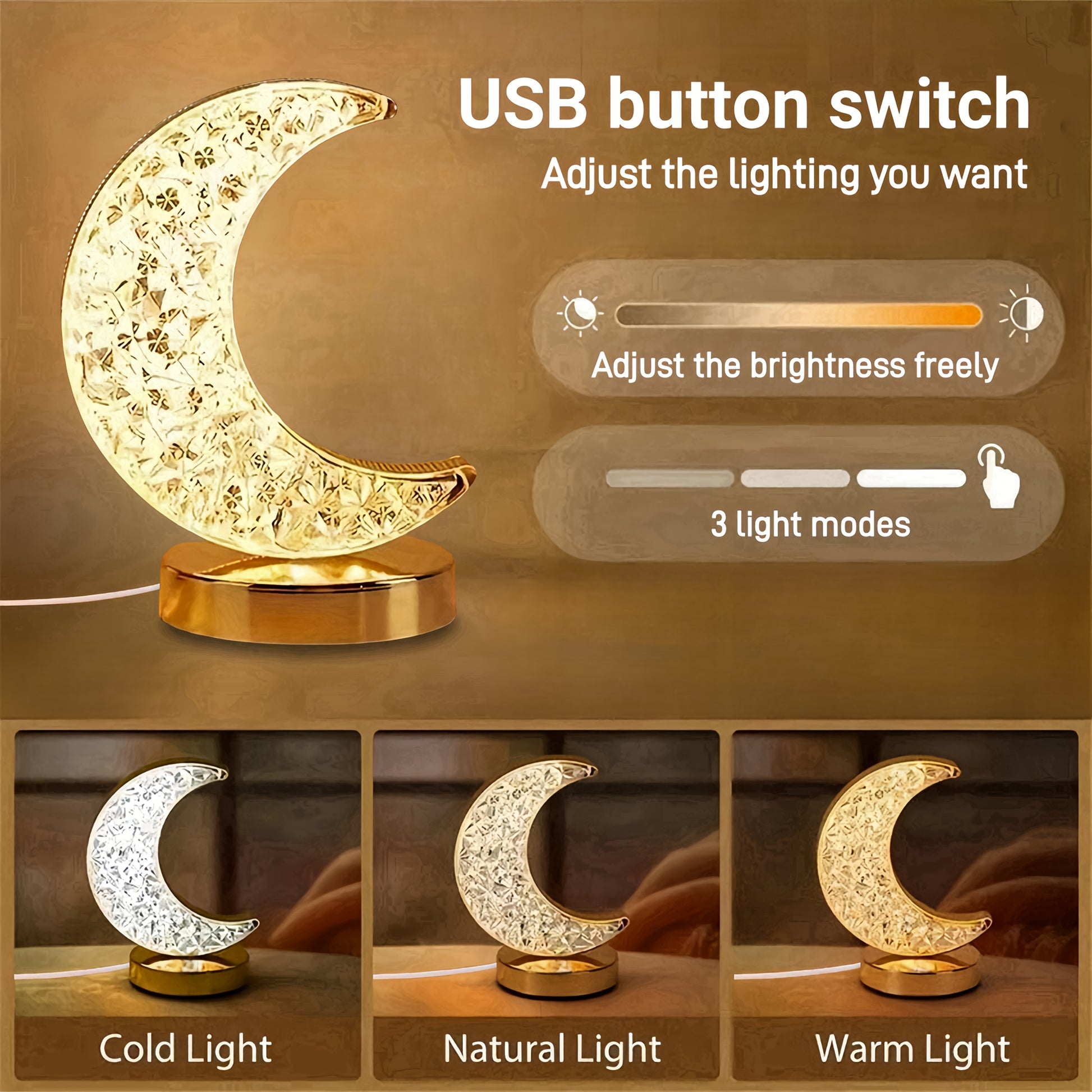Moon-Shaped LED Desk Lamp - Adjustable Brightness, Golden Acrylic Design with Diamond Pattern, Perfect for Home Decor on Nightstands, Bedrooms, and Living Room, Night Light|Decorative Table Lamp|Adjustable Brightness Lamp