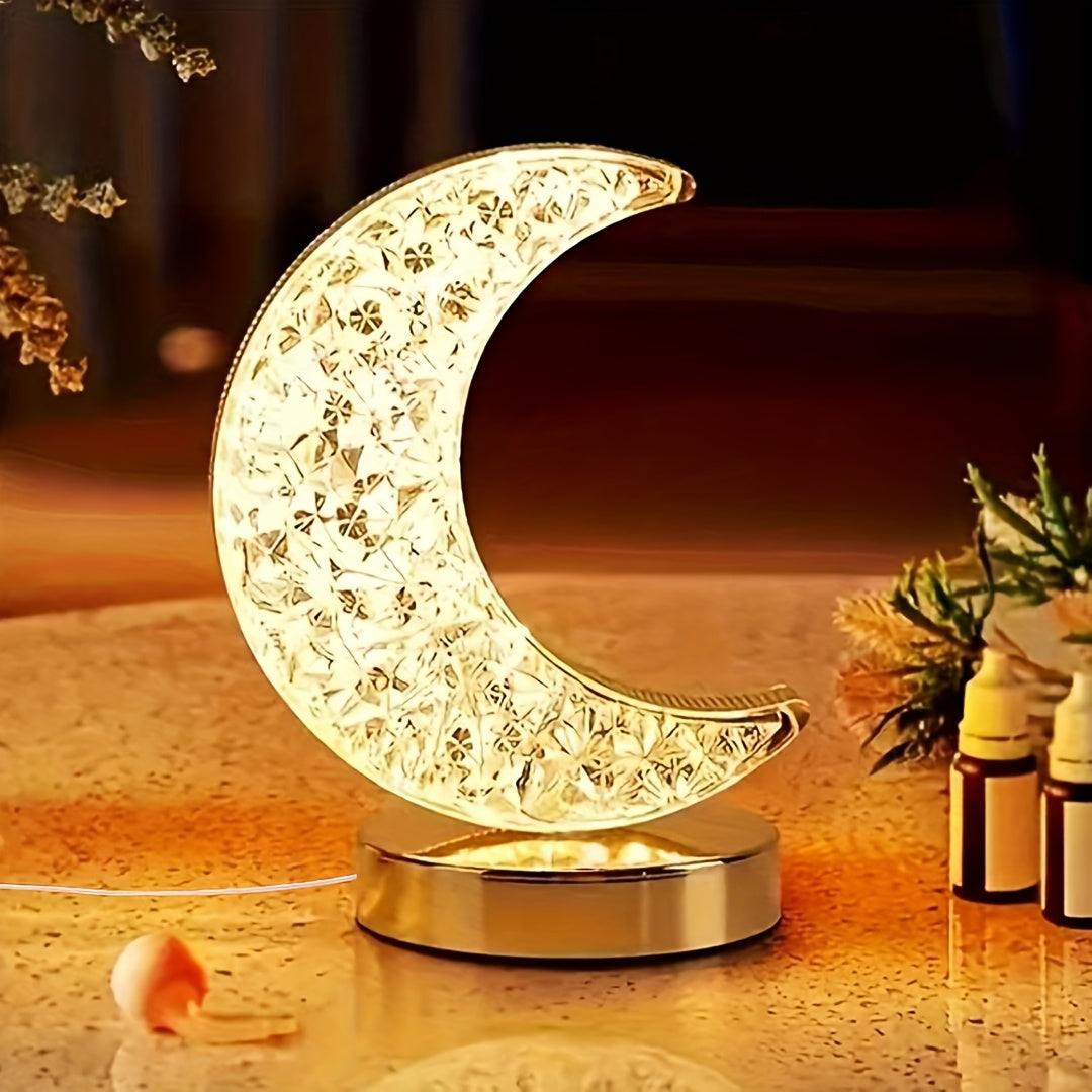 Moon-Shaped LED Desk Lamp - Adjustable Brightness, Golden Acrylic Design with Diamond Pattern, Perfect for Home Decor on Nightstands, Bedrooms, and Living Room, Night Light|Decorative Table Lamp|Adjustable Brightness Lamp