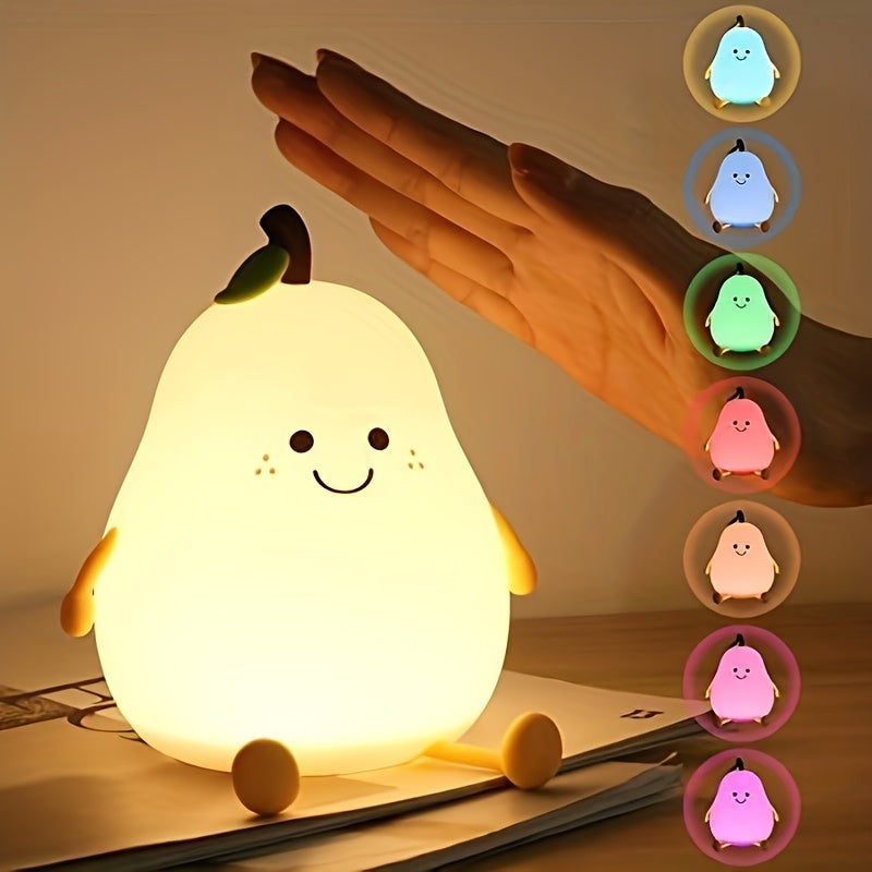 Cute Smiling Pear-Shaped LED Night Light - Touch Control, USB Rechargeable, Adjustable Brightness Silicone Bedside Lamp with Warm Glow, Perfect for Cozy Bedroom Atmosphere, Bedroom Night Light