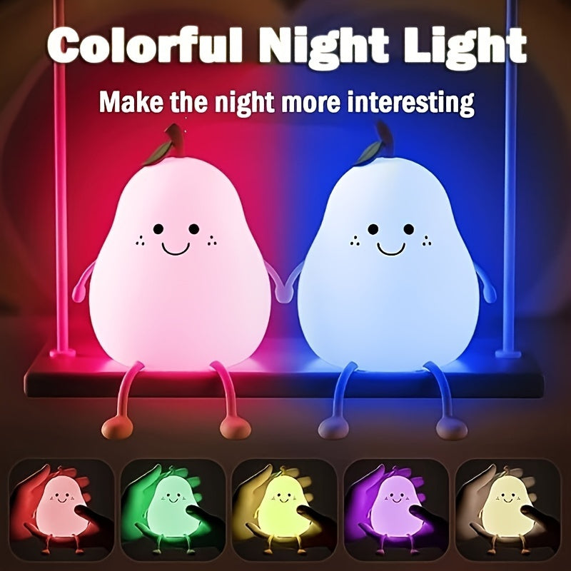 Cute Smiling Pear-Shaped LED Night Light - Touch Control, USB Rechargeable, Adjustable Brightness Silicone Bedside Lamp with Warm Glow, Perfect for Cozy Bedroom Atmosphere, Bedroom Night Light