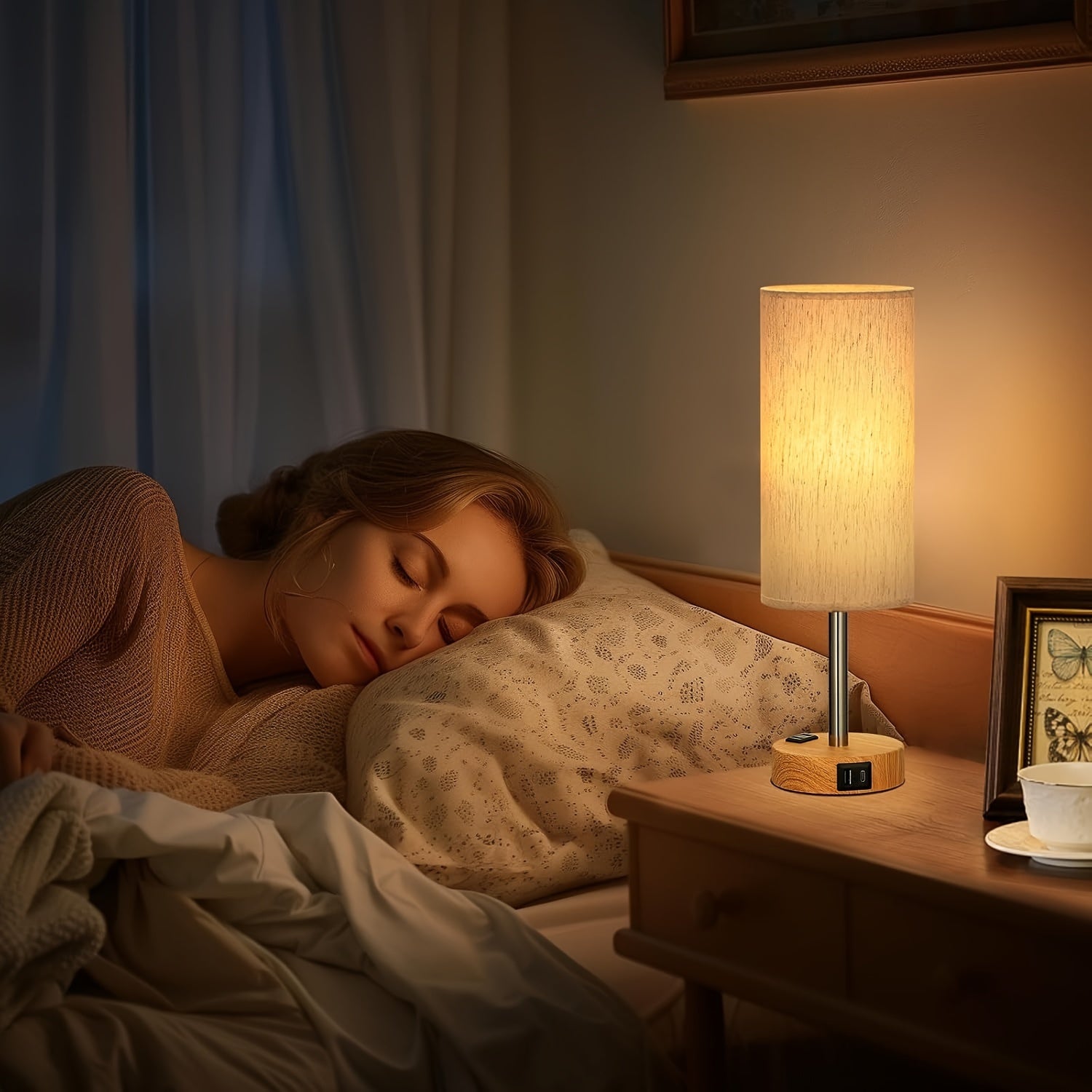 1\u002F2pc Modern Touch-Controlled Bedside Lamp Set - 3-Level Dimmable, USB Ports & AC Outlet, Wood Base with Flaxen Shade for Nightstand, Desk, Office, Dorm (LED Bulb Included), Table Lamps, Small Lamps, Bedroom
