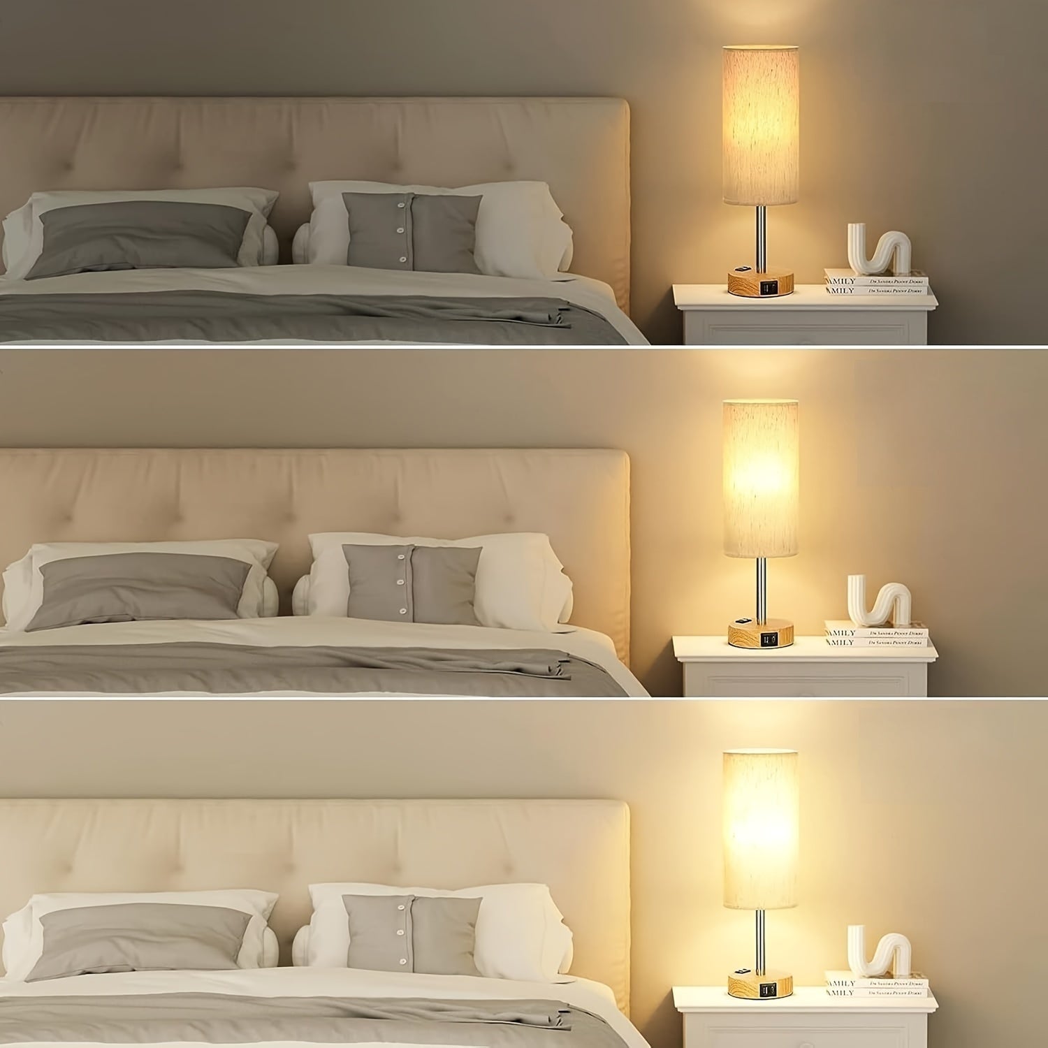 1\u002F2pc Modern Touch-Controlled Bedside Lamp Set - 3-Level Dimmable, USB Ports & AC Outlet, Wood Base with Flaxen Shade for Nightstand, Desk, Office, Dorm (LED Bulb Included), Table Lamps, Small Lamps, Bedroom