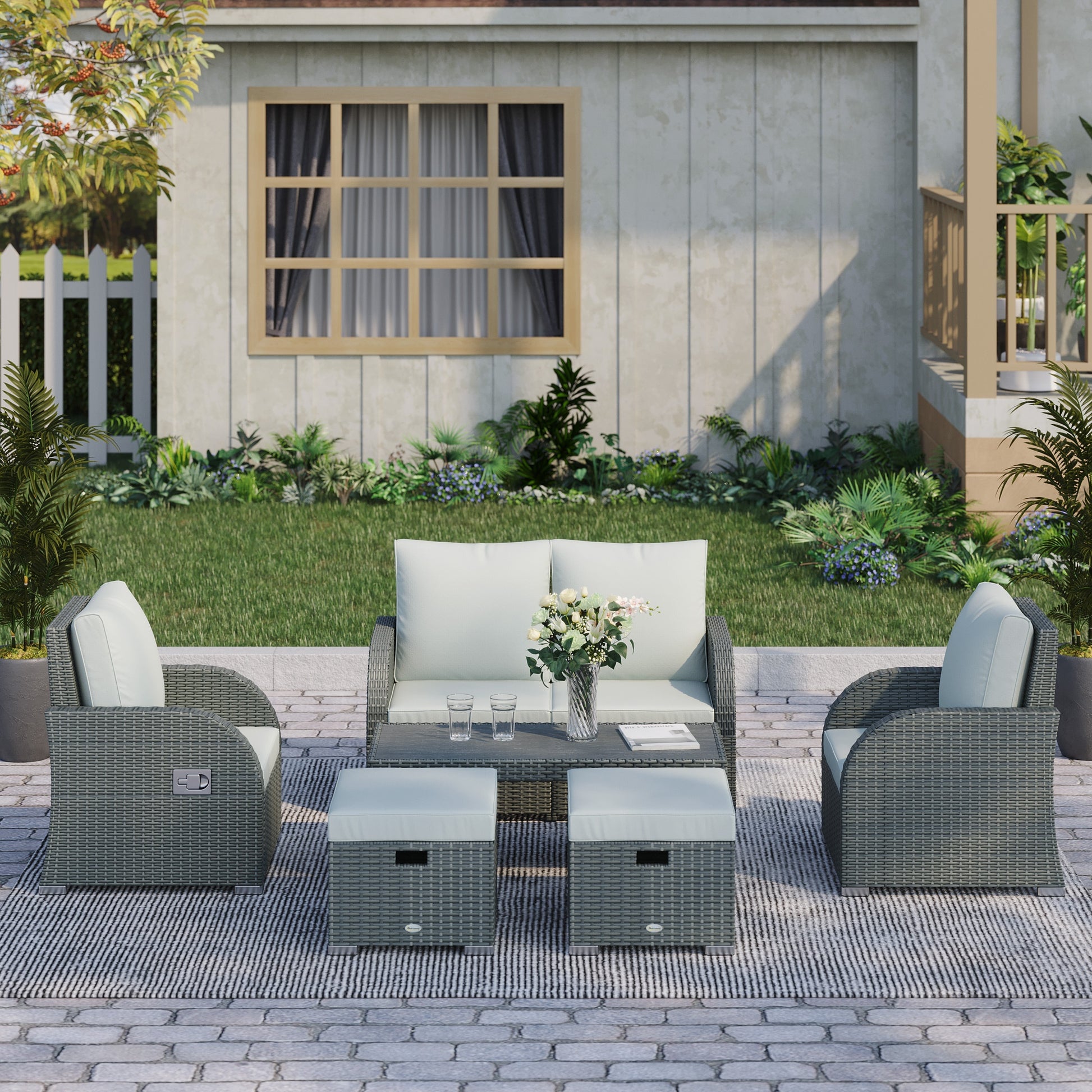 Ensemble de 6 pièces de Mobilier de Patio, Canapé Extérieur en Osier, Fauteuil Inclinable à Angle Ajustable, Ensemble de Conversation, Poufs, avec Table Basse en Polyester, Ressort à Gaz & Coussins Doux Lavables, Gris